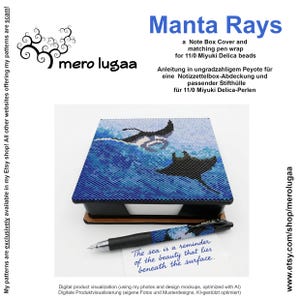 May include: A note box cover and matching pen wrap featuring a Manta Rays design created with 11/0 Miyuki Delica beads. The blue and black beaded pattern depicts two manta rays swimming in water. The set includes a black pen and a note box.