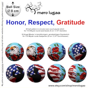 Könnte beinhalten: Eine Sammlung von Perlenballmustern, jeweils etwa 8 cm im Durchmesser, mit patriotischen und floralen Designs. Die Bälle zeigen einen Adler, Mohnblumen und amerikanische Flaggenmotive. Der Text lautet "Honor, Respect, Gratitude."