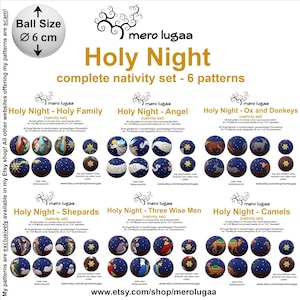 May include: A set of six 3D ball patterns for a nativity scene. Each pattern is for a different part of the nativity story, including the Holy Family, Angel, Ox and Donkeys, Shepherds, Three Wise Men, and Camels. The patterns are designed for 6 cm balls and are available on Etsy.