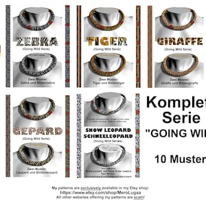 May include: A collection of 10 beading patterns featuring animal prints, including zebra, tiger, giraffe, leopard, and snow leopard. The patterns are part of a series called "Going Wild".