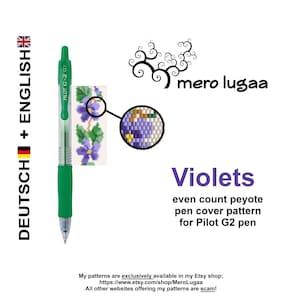 May include: A green Pilot G2 07 pen with a violet flower bead pattern. The pattern is for an even count peyote stitch. The image includes the text "Violets even count peyote pen cover pattern for Pilot G2 pen".