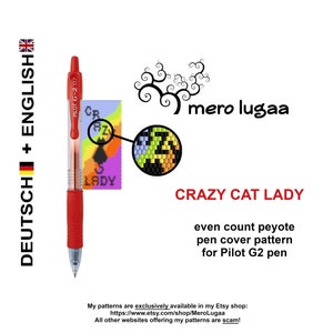 Könnte beinhalten: Ein roter Pilot G2 07 Stift mit einem bunten Peyote-Stich-Stiftüberzugsmuster. Das Muster heißt "Crazy Cat Lady" und ist ein gerades Peyote-Stich-Design. Das Muster ist im Etsy-Shop MeroLugaa erhältlich.