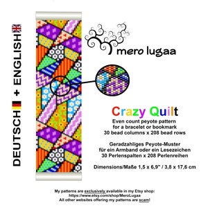 Crazy Quilt / Peyote bracelet or Bookmark pattern / instruction / tutorial /nleitung / even count peyote / Peyote cuff