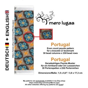 May include: A peyote stitch beading pattern for a bracelet or bookmark. The pattern features a blue and orange floral design. The pattern is 30 beads wide and 208 beads long. The finished piece will measure 1.5 inches by 6.8 inches.