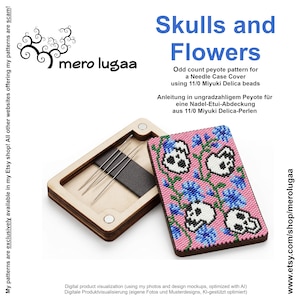 Peut inclure: Un étui à aiguilles rectangulaire en bois avec fermeture magnétique contenant trois aiguilles en métal. Le couvercle présente un motif peyote impair en perles Miyuki Delica 11/0 représentant des crânes blancs et des fleurs bleues sur fond rose.
