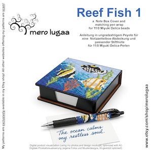 May include: A square note box cover and matching pen wrap featuring a colorful reef fish pattern designed for 11/0 Miyuki Delica beads. The set includes a black box with a beaded lid and a black pen with a beaded barrel, displayed with a note.