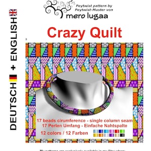 Könnte beinhalten: Eine bunte Perlenkette mit einem Crazy-Quilt-Muster. Die Kette hat einen Umfang von 17 Perlen und eine einfache Naht. Sie ist aus 12 Farben Perlen gefertigt. Der Text auf dem Bild lautet "Peytwist pattern by Peytwist-Muster von mero lugaa Crazy Quilt 17 beads circumference - single column seam 17 Perlen Umfang - Einfache Nahtspalte 12 colors / 12 Farben My patterns are exclusively available in my Etsy shop: https://www.etsy.com/shop/MeroLugaa All other websites offering my patterns are scam!"