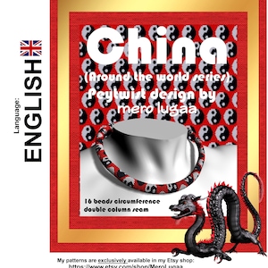 May include: A beading pattern for a necklace with a yin yang design. The pattern is called "China" and is part of the "Around the World" series. The pattern is designed by mero lugaa. The pattern is for a 16 bead circumference necklace with a double column seam.