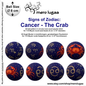 Könnte beinhalten: Eine Sammlung dunkelblauer Perlenkugeln, jede mit einem Sternzeichen und einem Krebsmotiv. Die Kugeln haben einen Durchmesser von etwa 8 cm. Der Text auf dem Bild lautet "Signs of Zodiac: Cancer - The Crab".