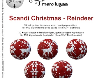 May include: Red and white beaded Christmas baubles with reindeer and snowflake patterns. The baubles are 6 cm in diameter. The image includes the text "Scandi Christmas - Reindeer" and "www.etsy.com/shop/merolugaa".
