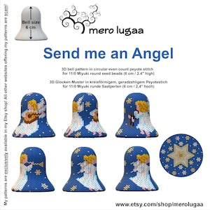 May include: A collection of blue beaded bell-shaped ornaments with angel designs, each approximately 2.4 inches high. The text "Send me an Angel" is displayed above the ornaments, along with the Etsy shop name and a warning about pattern scams.