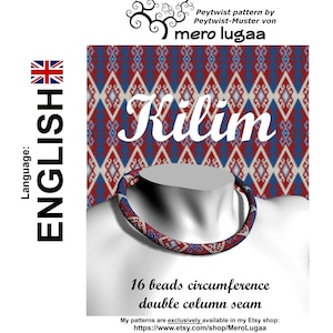 May include: A beaded necklace with a Kilim pattern, displayed on a mannequin. The necklace is red, white, and blue, with a circumference of 16 beads. The background features a repeating diamond pattern in red, white, and blue. The word "Kilim" is written in large white letters.