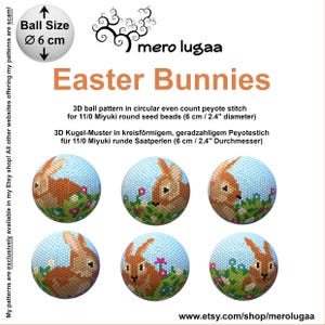 May include: Six bead sprites of Easter bunnies in a circular peyote stitch pattern. The bunnies are brown with pink noses and white whiskers. The background is a light blue with green grass and pink flowers. The beads are 11/0 Miyuki round seed beads and the finished size is 6 cm or 2.4 inches in diameter.
