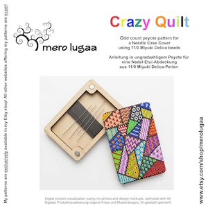 Peut inclure: Une visualisation de produit numérique pour un motif peyote impair pour un étui à aiguilles utilisant des perles Miyuki Delica 11/0. L'image montre un étui à aiguilles en bois avec quatre aiguilles et un motif de couverture perlé géométrique.