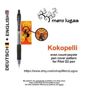 May include: A pattern for a Kokopelli peyote stitch pen cover for a Pilot G2 pen. The pattern is in orange, yellow, and black. The pattern is available on Etsy.