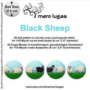 May include: A digital pattern for a 3D beaded black sheep, made with 11/0 Miyuki round seed beads. The pattern is for a ball measuring 6 inches in diameter. The image shows three different views of the finished beadwork.