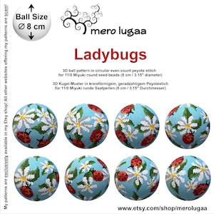 Pode incluir: Oito bolas de contas com fundo azul claro, com flores brancas em forma de margarida e joaninhas vermelhas. O texto "Ladybugs" é exibido, juntamente com o texto "Ball Size Ø 8 cm". O nome da loja Etsy "mero lugaa" também é visível.