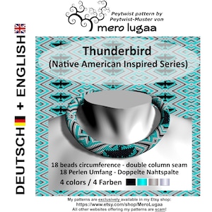 May include: A beading pattern for a necklace called "Thunderbird" inspired by Native American designs. The pattern is for an 18 bead circumference necklace with a double column seam. The pattern uses four colours: black, turquoise, silver, and grey.