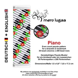May include: A black and white beading pattern for a piano-themed bracelet or bookmark. The pattern is 30 beads wide and 208 beads long. The pattern includes red flowers and green leaves. The dimensions are 1.5 inches by 6.8 inches.