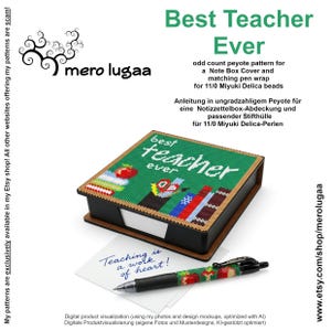 May include: A square note box cover featuring a green beaded surface with the text Best Teacher Ever, an apple, and books. A matching beaded pen wrap with apple motifs sits on a white note card with the text Teaching is a work of heart.