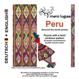 Könnte beinhalten: Ein farbenfrohes Perlenmuster für eine Halskette, inspiriert von der peruanischen Kultur. Das Muster heißt "Peyote mit einer Drehung" und hat einen Umfang von 22 Perlen. Das Muster ist für eine Doppelsäulennaht.