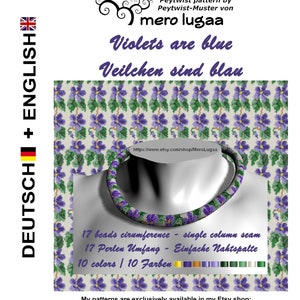May include: A beaded necklace pattern featuring a single column seam with 17 beads in circumference. The pattern uses 10 colors and is available in the Etsy shop MeroLugaa. The text "Violets are blue" and "Veilchen sind blau" is displayed in the image.