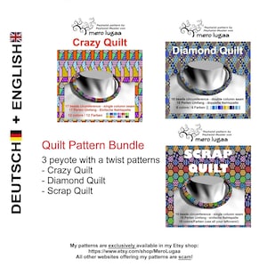 Könnte beinhalten: Ein Bündel mit drei Peyote-Stickmustern für eine verrückte Decke, eine Diamantdecke und eine Reststoffdecke. Jedes Muster enthält Anweisungen für die Perlenanzahl, den Umfang und die Farbkombinationen. Die Muster sind exklusiv auf Etsy erhältlich.