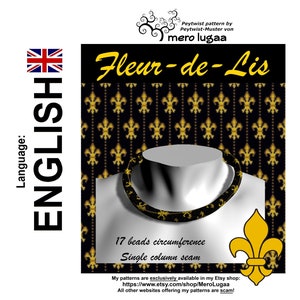 May include: A black and gold beaded necklace with a fleur-de-lis pattern. The necklace is 17 beads in circumference and has a single column seam. The image includes the text "Fleur-de-Lis" and "17 beads circumference, Single column seam".