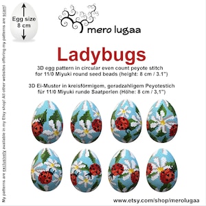 May include: A collection of beaded egg patterns with ladybug and daisy designs. The eggs are blue, white, and red, with a height of 3.1 inches. The text reads "Ladybugs" and "Egg size 8 cm."