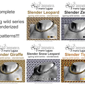 May include: Five different beading patterns for necklaces, each with a different animal print: leopard, zebra, giraffe, snow leopard, and tiger. Each pattern is labeled with the animal name and the phrase "going wild series - slenderized". The patterns are all made with 10 beads and have a double column seam.