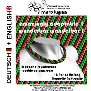 Può includere: Uno schema Peytwist per una collana di perline con una cucitura a doppia colonna. La collana è verde, rossa e bianca. Lo schema si chiama "amazingly adaptable" e "wunderbar wandelbar". Lo schema è disponibile su Etsy.