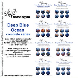 May include: Eight 3D peyote stitch bead patterns for a deep blue ocean theme. Each pattern is a circular ball with a diameter of 8 inches. The patterns include manta ray, jellyfish, divers, octopus, sea turtles, reef fish, dolphins, and sharks.