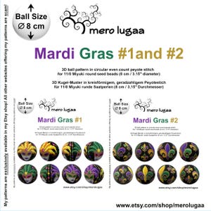 May include: A graphic featuring Mardi Gras bead patterns for 3D ball designs. The text indicates the patterns are for 11/0 Miyuki round seed beads, with a ball size of 3.15 inches (8 cm). The image includes the shop's logo and website.