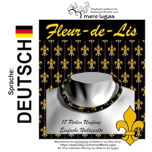 Op de afbeelding: Een zwart en gouden kralenpatroon met een fleur-de-lis-ontwerp. Het patroon heet "Fleur-de-Lis" en is verkrijgbaar in de Etsy-winkel MeroLugaa. Het patroon is voor een ketting met een omtrek van 17 kralen. Het patroon wordt beschreven als "Eenvoudige steek".