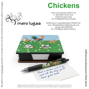 May include: An odd count peyote pattern for a note box cover and matching pen wrap for 11/0 Miyuki Delica beads titled Chickens. The design features colorful chickens on a green field with white flowers, displayed on a black note box and pen.