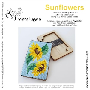 Peut inclure: Un modèle de peyote impair pour un étui à aiguilles intitulé Sunflowers, représentant deux tournesols jaunes aux centres bruns avec des feuilles vertes sur fond bleu clair, présenté avec un étui à aiguilles en bois et des aiguilles.