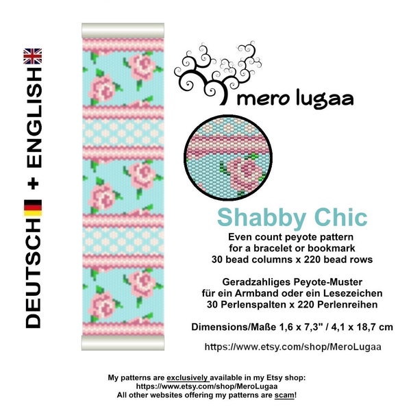 Shabby Chic / Peyote bracelet or Bookmark pattern / instruction / tutorial /nleitung / even count peyote / Peyote cuff