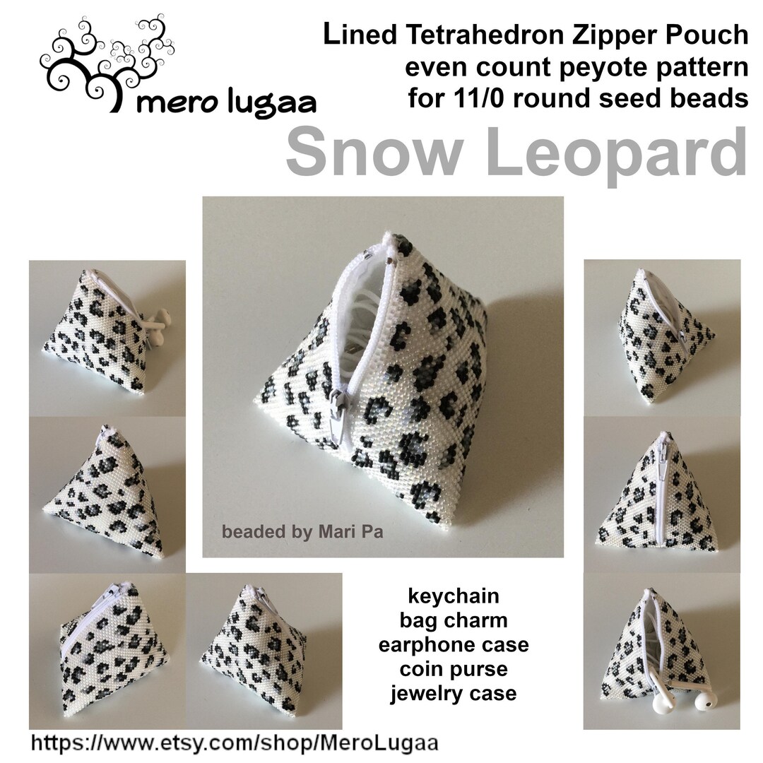 Tetrahedron Zipper Pouch Snow Leopard / even count peyote / - Etsy België