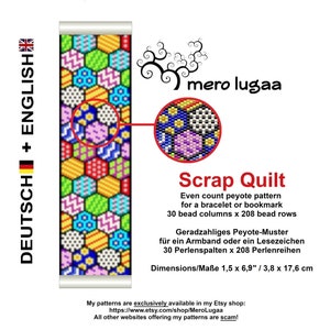 Könnte beinhalten: Ein farbenfrohes Perlenmuster für ein Armband oder ein Lesezeichen. Das Muster heißt "Scrap Quilt" und wird mit geradzahligem Peyote-Stich gearbeitet. Das Muster ist 30 Perlen breit und 208 Perlen lang. Die Abmessungen betragen 3,8 cm x 17,6 cm.