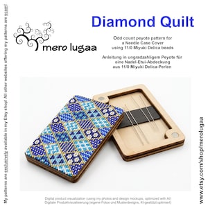 Peut inclure: Un étui à aiguilles rectangulaire en bois avec un couvercle coulissant orné d'un motif de losanges bleu, bleu clair et blanc composé de perles Miyuki Delica 11/0. L'intérieur ouvert contient quatre aiguilles métalliques sur une bande magnétique.
