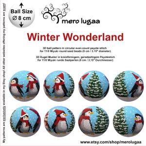 Puede incluir: Seis patrones de abalorios para un adorno con temática de invierno. Cada patrón presenta un pingüino, un árbol de Navidad y un fondo nevado. Los patrones están diseñados para abalorios redondos Miyuki 11/0 y miden 8 cm de diámetro.