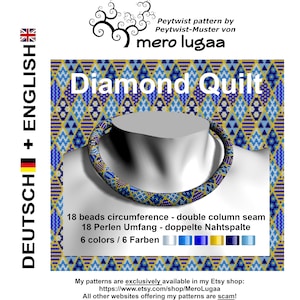 Könnte beinhalten: Ein Perlenkettenmuster mit einem Diamanten-Steppdesign. Das Muster ist für eine Halskette mit einem Umfang von 18 Perlen und verwendet 6 Farben. Das Muster ist im Etsy-Shop MeroLugaa erhältlich.