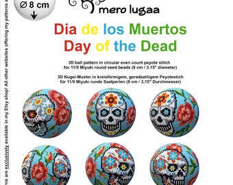 Puede incluir: Un patrón digital para una bola de cuentas 3D con un diseño de calavera del Día de los Muertos con flores. El patrón es para cuentas de semillas redondas Miyuki 11/0 y mide 8 cm (3,15 pulgadas) de diámetro. El patrón está disponible en Etsy en www.etsy.com/shop/merolugaa.