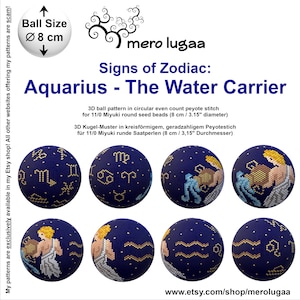 Op de afbeelding: Een verzameling donkerblauwe kralenbollen, elk met een ander sterrenbeeld en constellatie. De tekst op de afbeelding luidt "Aquarius - The Water Carrier" en "Ball Size Ø 8 cm". De bollen maken deel uit van een 3D-patroon.