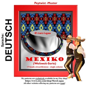 May include: A colourful beaded necklace with a geometric pattern, displayed on a white mannequin. The necklace is labelled "MEXIKO (Weltweit-Serie)" and "17 beads circumference - single column". The image also features two men in traditional Mexican clothing, with sombreros, standing in front of a red frame.