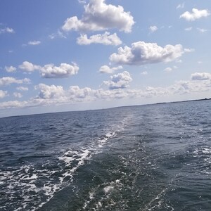 Puede incluir: Vista de un cielo azul con nubes blancas y una estela en el agua de un barco.