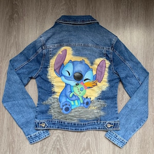 Custom Hand Painted Denim Jacket Disney Lilo & Stitch, Disney Painted Jean Jacket, Lilo And Stitch Drawing, Handpainted Jacket Disney Lovers