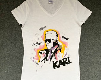 Karl Lagerfeld Hand Painted T-shirt, Tribute, Lagerfeld Art Tshirt, Fashion Style, Vogue Shirt, Watercolor Drawing, Colorful Custom shirt