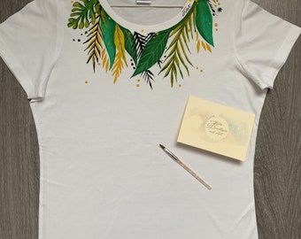 Hand Painted T-Shirt, Floral Motifs Tshirt, Handpainted Flowers, Colorful Art Tshirt, Tshirt with Leaves, Floral Art Top, Tropical Tshirt