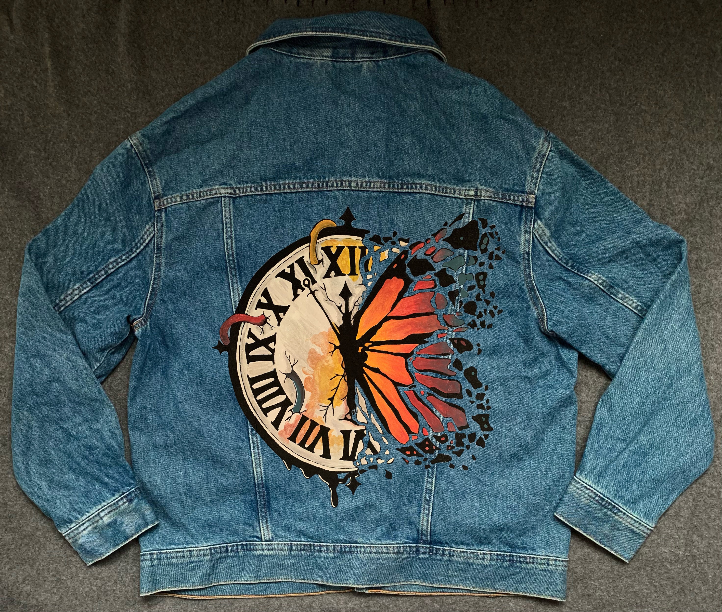 Butterfly and Time Hand Painted Oversized Denim Jacket Painted Art Clock Jean Jacket With Butterfly Art Lovers Custom Handpainted Jacket Etsy